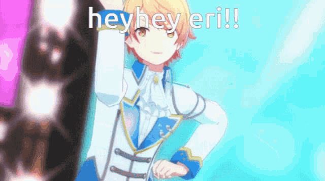 a boy in a blue and white suit is dancing and says hey hey eri .