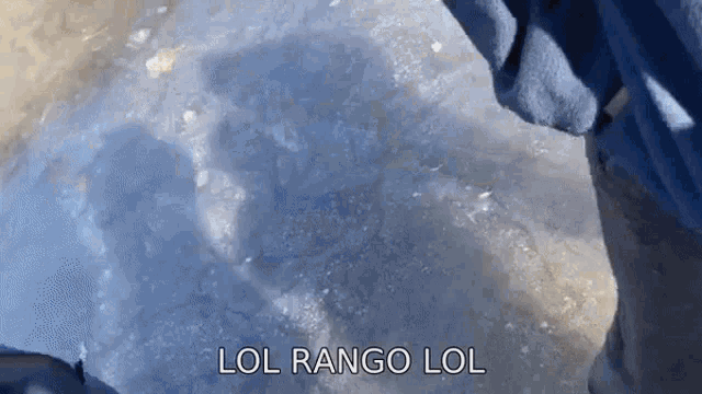a person in a blue shirt is standing in the snow with the words lol rango lol below them