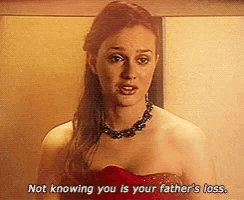 a woman in a red dress is saying not knowing you is your father 's loss