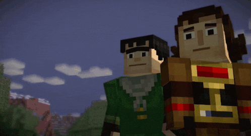 three minecraft characters standing next to each other with one wearing a gold armor