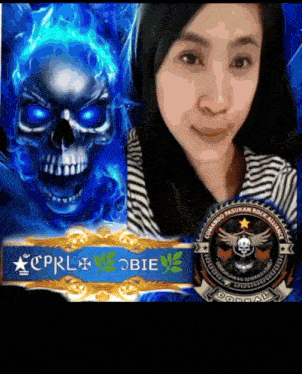 a woman is standing in front of a skull and a banner that says comando pasukan rock alliance