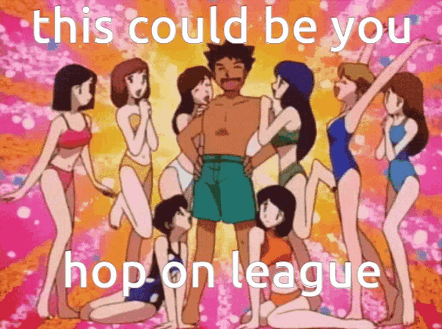 a group of women in bikinis are standing around a man in a bathing suit with the caption this could be you hop-on league