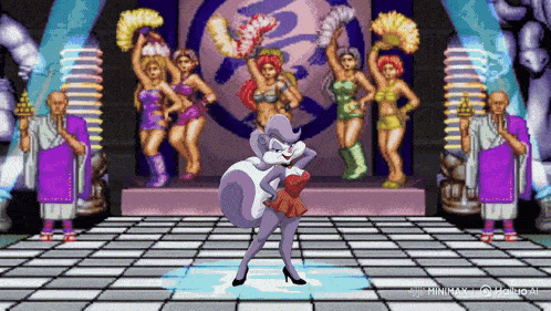a cartoon of a skunk dancing on a stage with other women