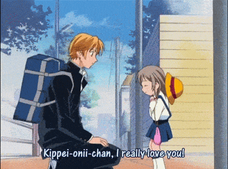 a boy and a girl are talking to each other and the girl says kippei-onii-chan i really love you