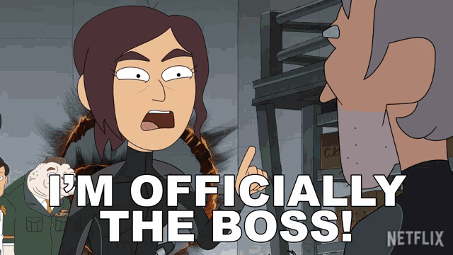 a cartoon says " i 'm officially the boss " in white letters