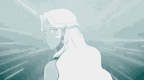 a drawing of a woman with long white hair standing in front of a light .