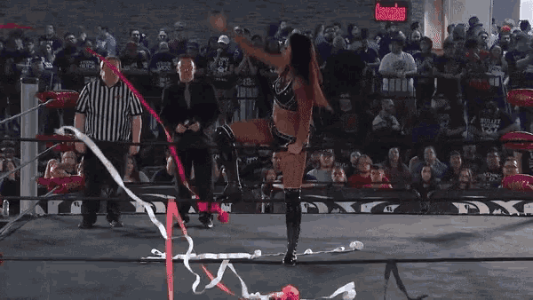 a female wrestler in a ring with a crowd watching and a sign that says freedom on it