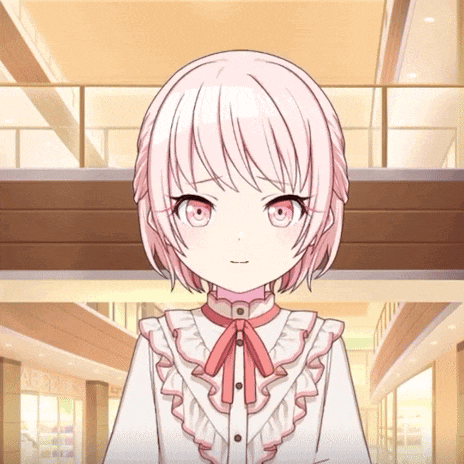 a girl with pink hair and red eyes is wearing a white dress with ruffles