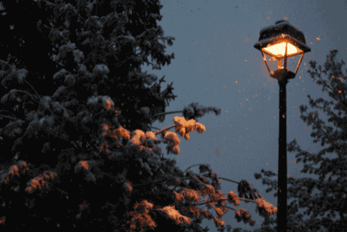 a street light is lit up in the snow
