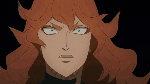 a close up of a woman 's face with red hair and white eyes