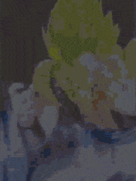 a pixel art of a person with yellow hair holding a piece of paper