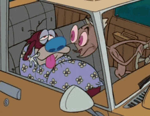 a cartoon character is sitting in the back seat of a car with his tongue hanging out