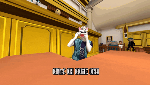a cartoon of a man with a cat mask and the words " citt oh come on " on the bottom