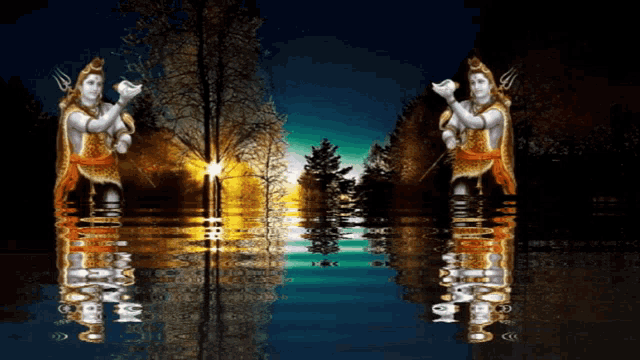 a statue of shiva is standing in the water