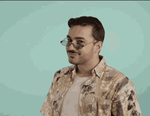 a man wearing sunglasses and a hawaiian shirt looks at the camera