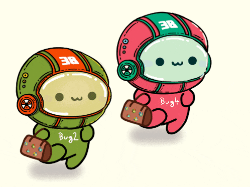 two cartoon characters with bug2 and bugt on their outfits