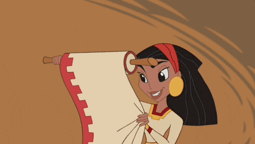 a cartoon of a woman holding a piece of paper with a red border