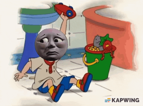 a cartoon character with a sad face is sitting on the floor next to a bucket with toys in it