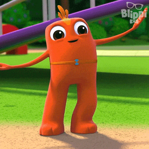 a cartoon character named blippi is standing on the ground