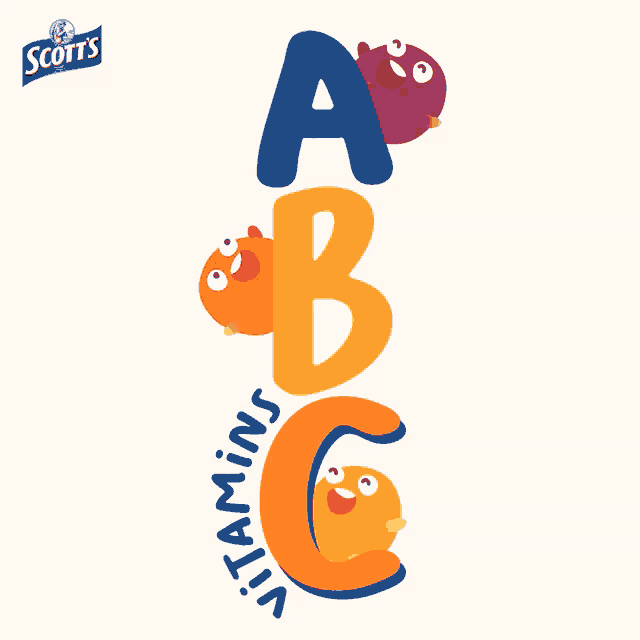 an advertisement for scott 's vitamins shows the letters a b and c