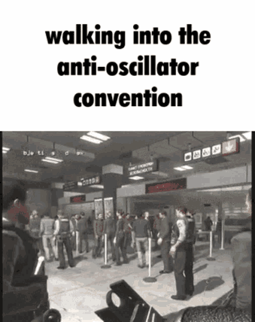 a group of people are walking into the anti-oscillator convention at an airport .