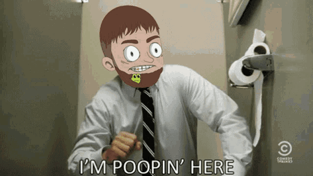 a cartoon of a man with a frog in his mouth and the words i 'm poopin ' here