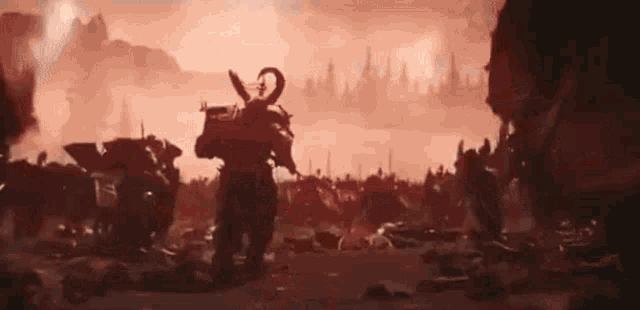 a demon with horns is standing in front of a large group of soldiers in a video game .