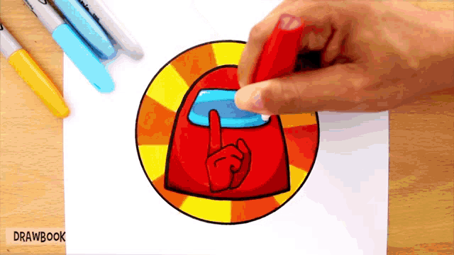 a person is drawing an among us character with markers