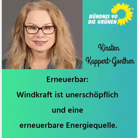 a poster for kirsten kappert-gonther says erneuerbar windkraft ist unerschöpflich und eine erneuerbare energiequelle
