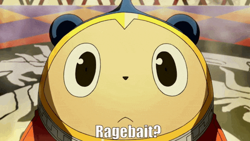 a cartoon character with the words " ragebait " on it