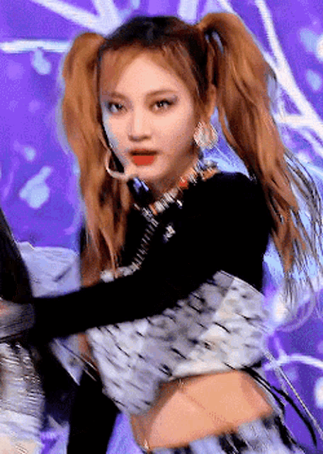 a woman with pigtails is standing on a stage with a microphone .