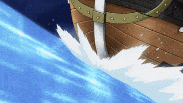 a wooden boat is floating on top of a blue water surface