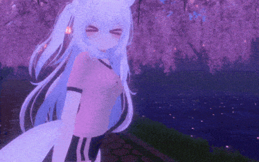 a girl with white hair and a pink shirt is standing in front of a pond