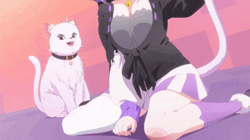 a white cat is sitting next to a girl in a purple outfit