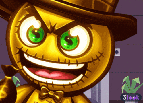a cartoon of a scarecrow with a top hat and a bow tie with the words 3look below it
