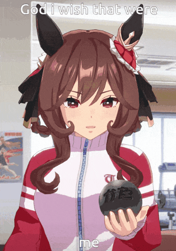 an anime girl holding a ball with the words " god i wish that were me " below her