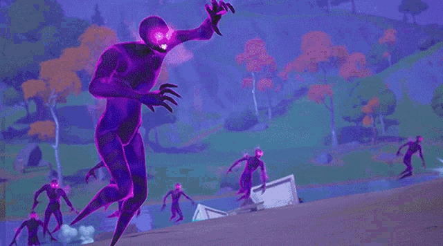 a group of people standing on top of a hill with purple zombies coming out of the ground