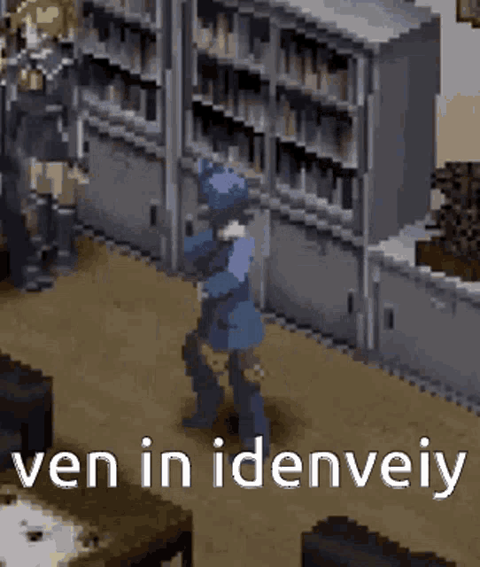 a pixel art of a police officer in a library with the words ven in identveiy