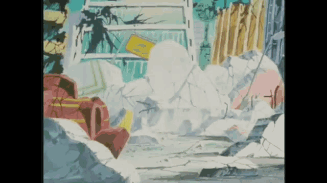 a cartoon drawing of a destroyed building with a yellow sign in the background