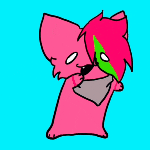 a drawing of two pink animals hugging each other on a blue background