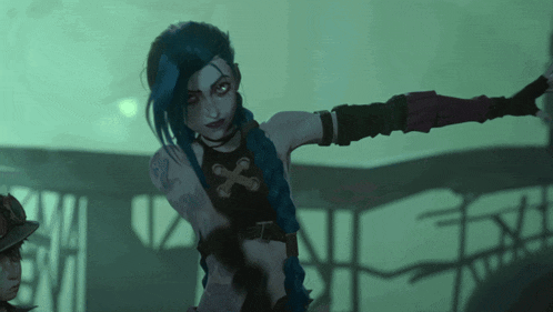 a girl with blue hair and a tattoo on her arm