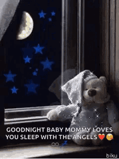 a teddy bear is sitting on a window sill looking out a window at the moon .