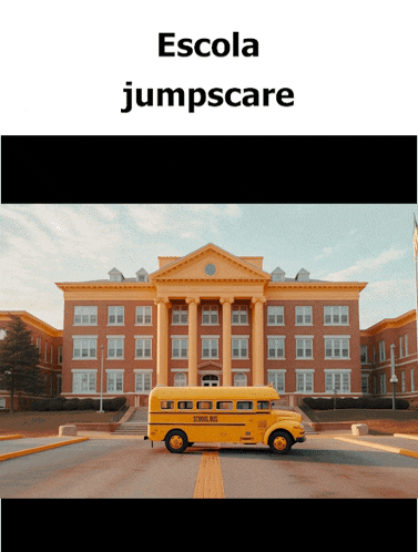 a yellow school bus is parked in front of a large building
