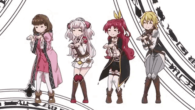 a group of anime characters are standing next to each other in front of a clock