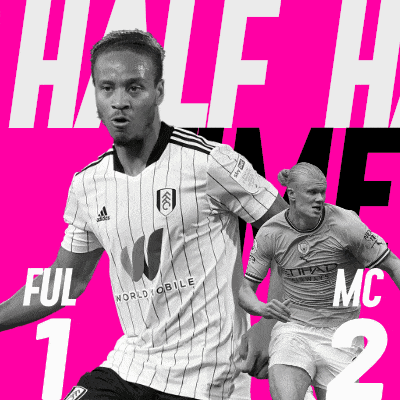 a black and white photo of two soccer players with the words half time ful 1 and mc 2