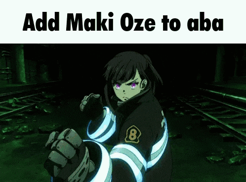 a picture of a girl with purple eyes and the words `` add maki oze to aba '' .