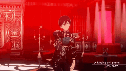 a video game character is holding a gun in a room with red walls .