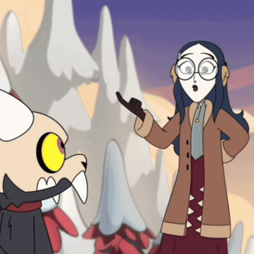 a cartoon of a woman pointing at a monster with a surprised look on her face