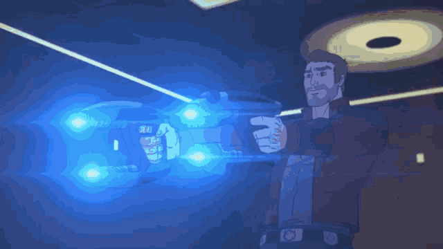 a man in a cartoon holding a gun with blue lights behind him