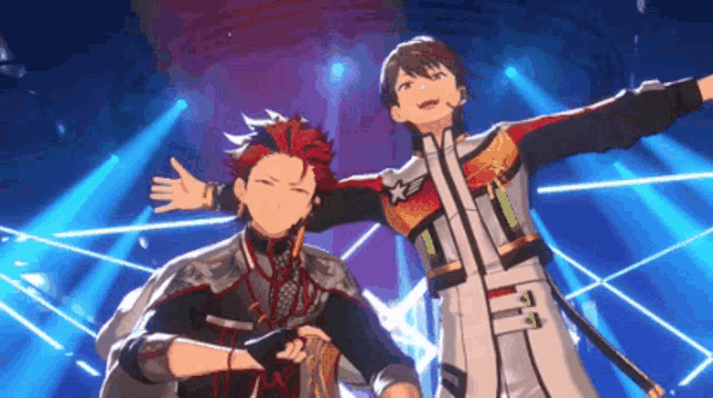 a couple of anime characters standing next to each other on a stage .